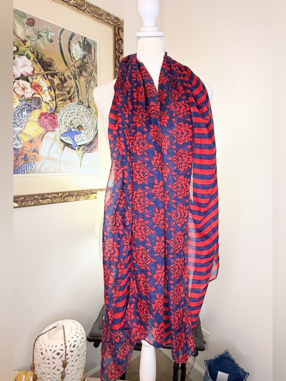 Boho Floral Stripe Scarf Wrap Shawl Red Navy Lightweight Large 72x32